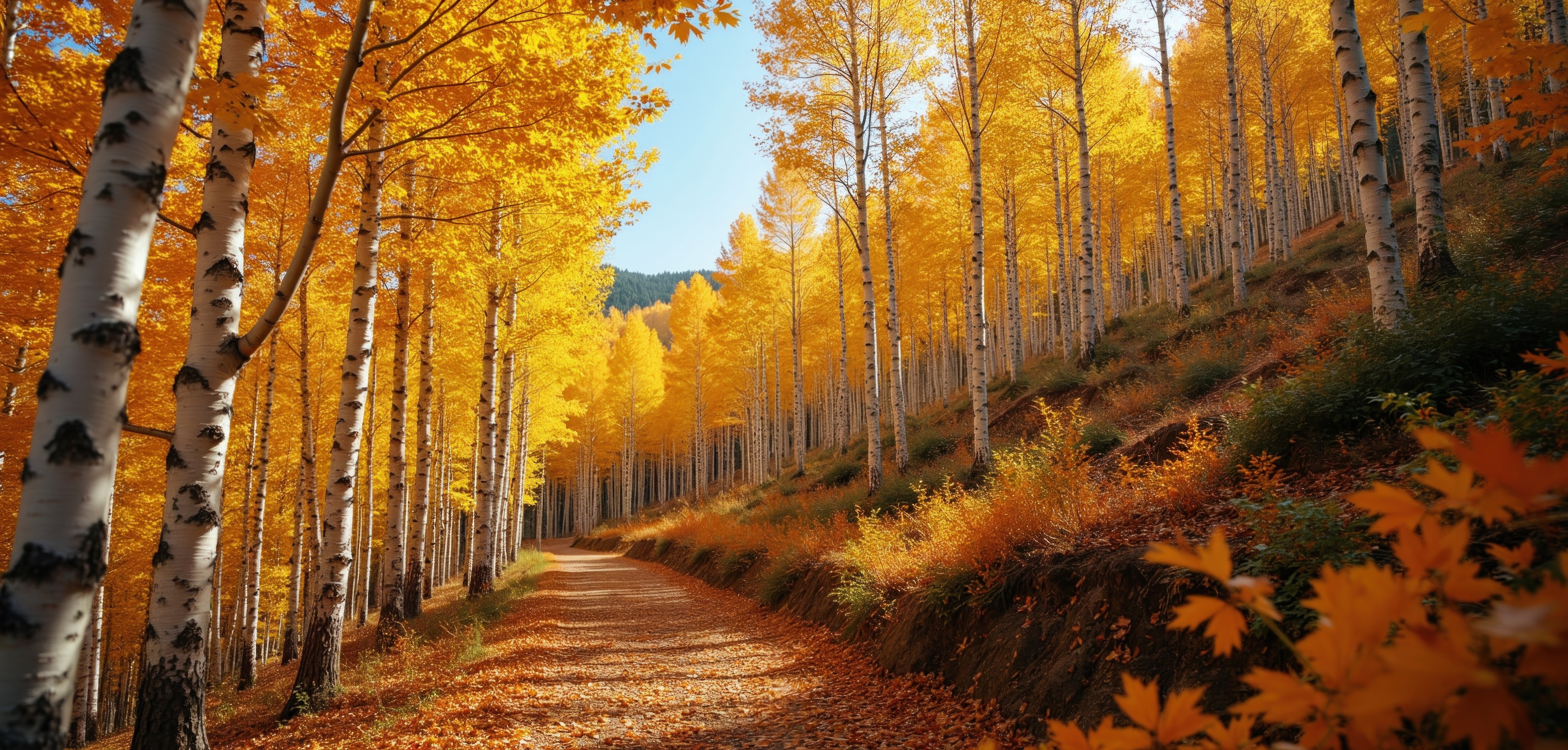Dirt path winds through a dense forest of birch and aspen trees. The ground is covered in fallen orange and yellow leaves. Sunlight filters through the bright autumnal canopy.